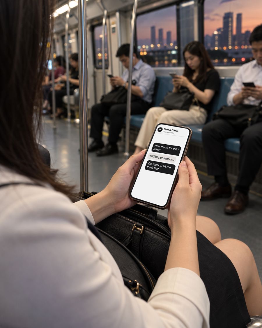 A woman on the MRT at dusk, replying to a clinic on her phone